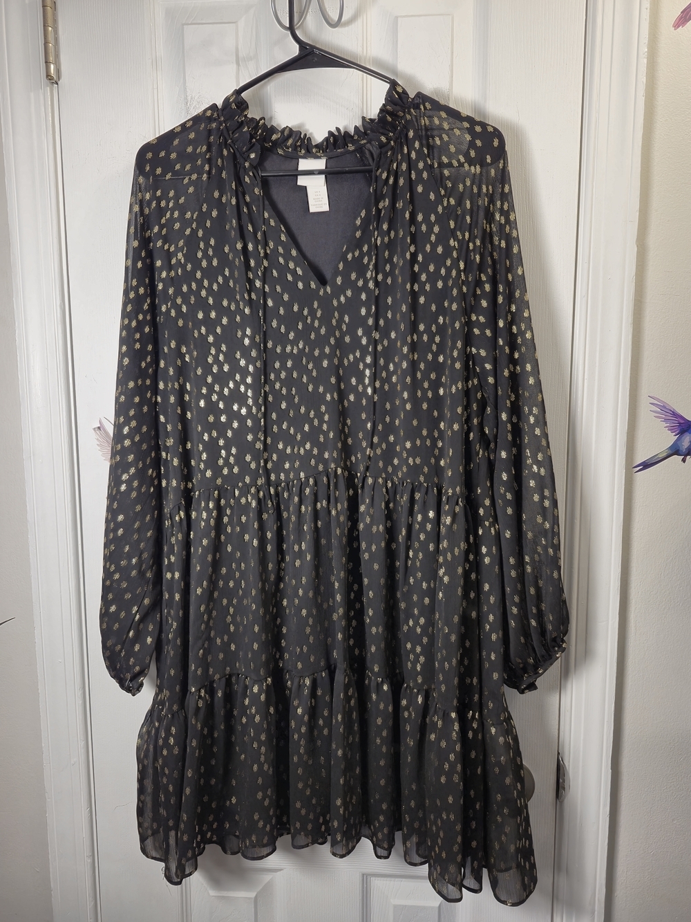 H&M Metallic Gold Clip Dot Tiered Mini Dress Whimsigoth Whimsical Coquette 6